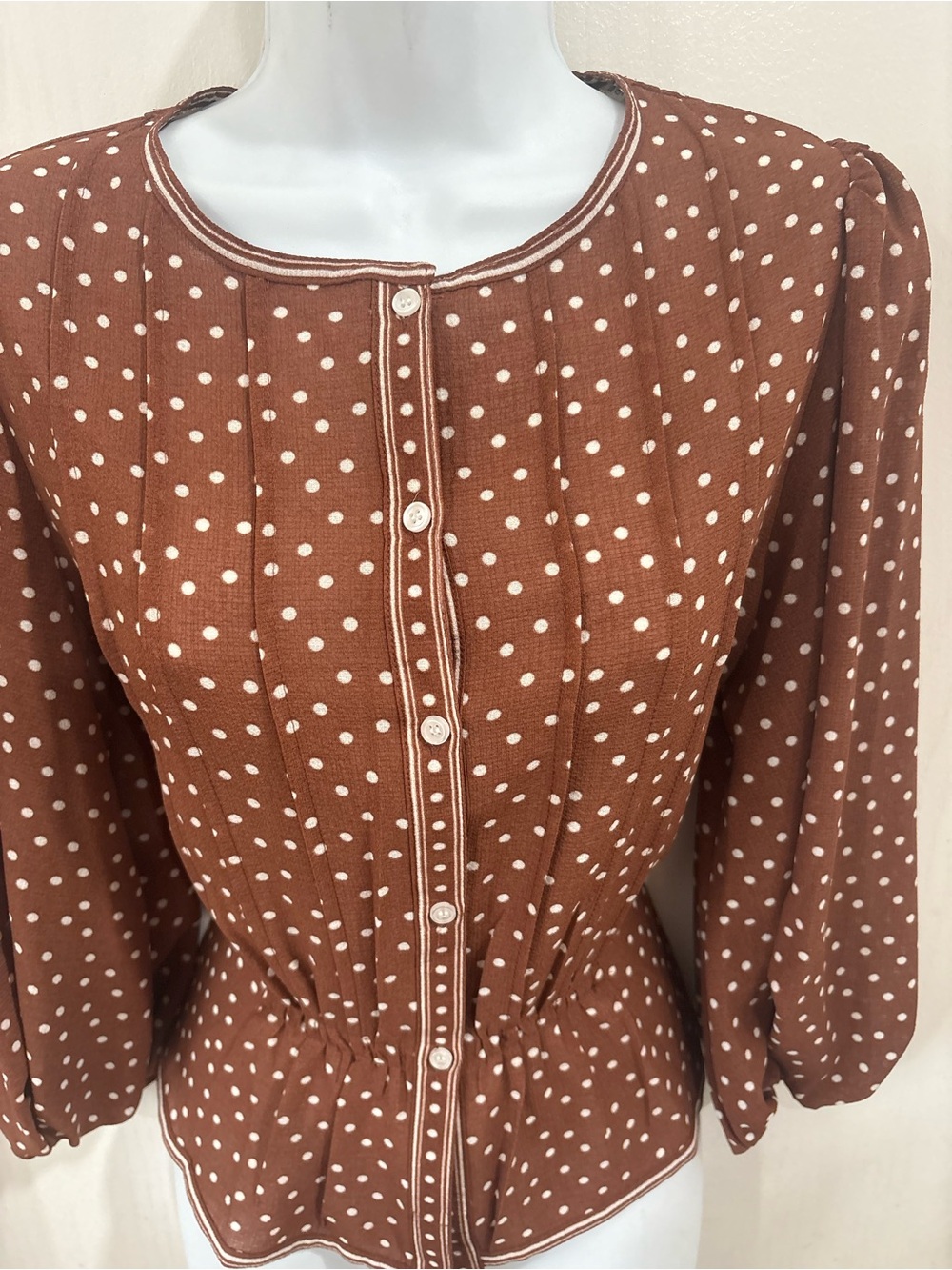 Max Studio Brown and White Polka Dot Long-Sleeve Peplum Blouse - Picture 4 of 6